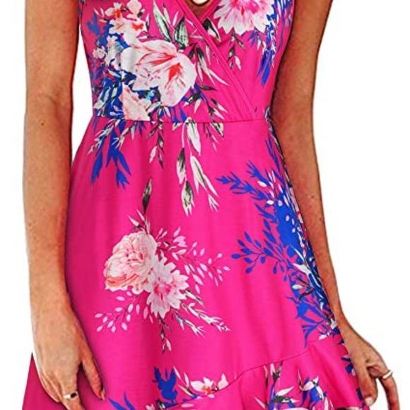 ULTRANICE Womens Summer Floral Wrap V Neck Adjustable Spaghetti Casual Dress - Picture 5 of 5